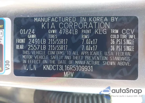 2024 Kia Niro Ev Wave z USA, uszkodzony, nr VIN KNDCT3L16R5109931